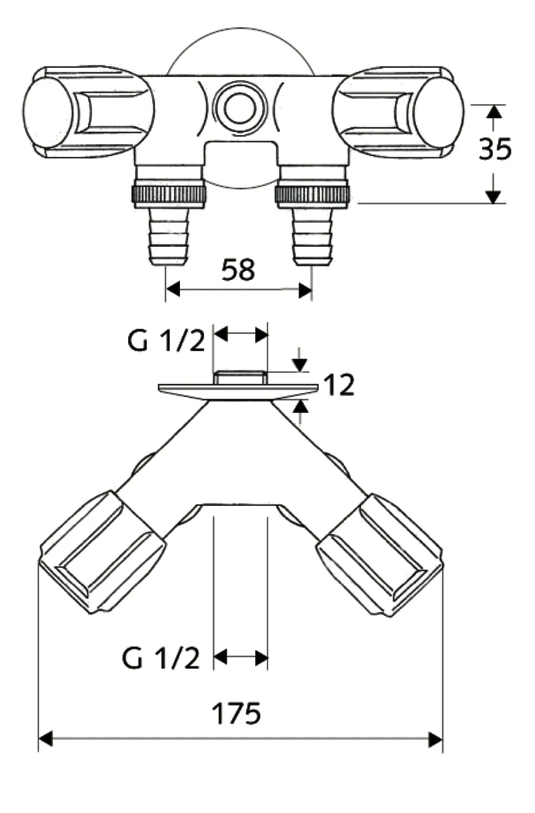 NA-Doppelventil COMFORT, 2 RFV, DN 15 G 1/2 AG, 2 Schlauchverschraubungen Ø 14,5 mm (DN 20 G 3/4 AG), Innengewinde G 1/2 IG, chrom