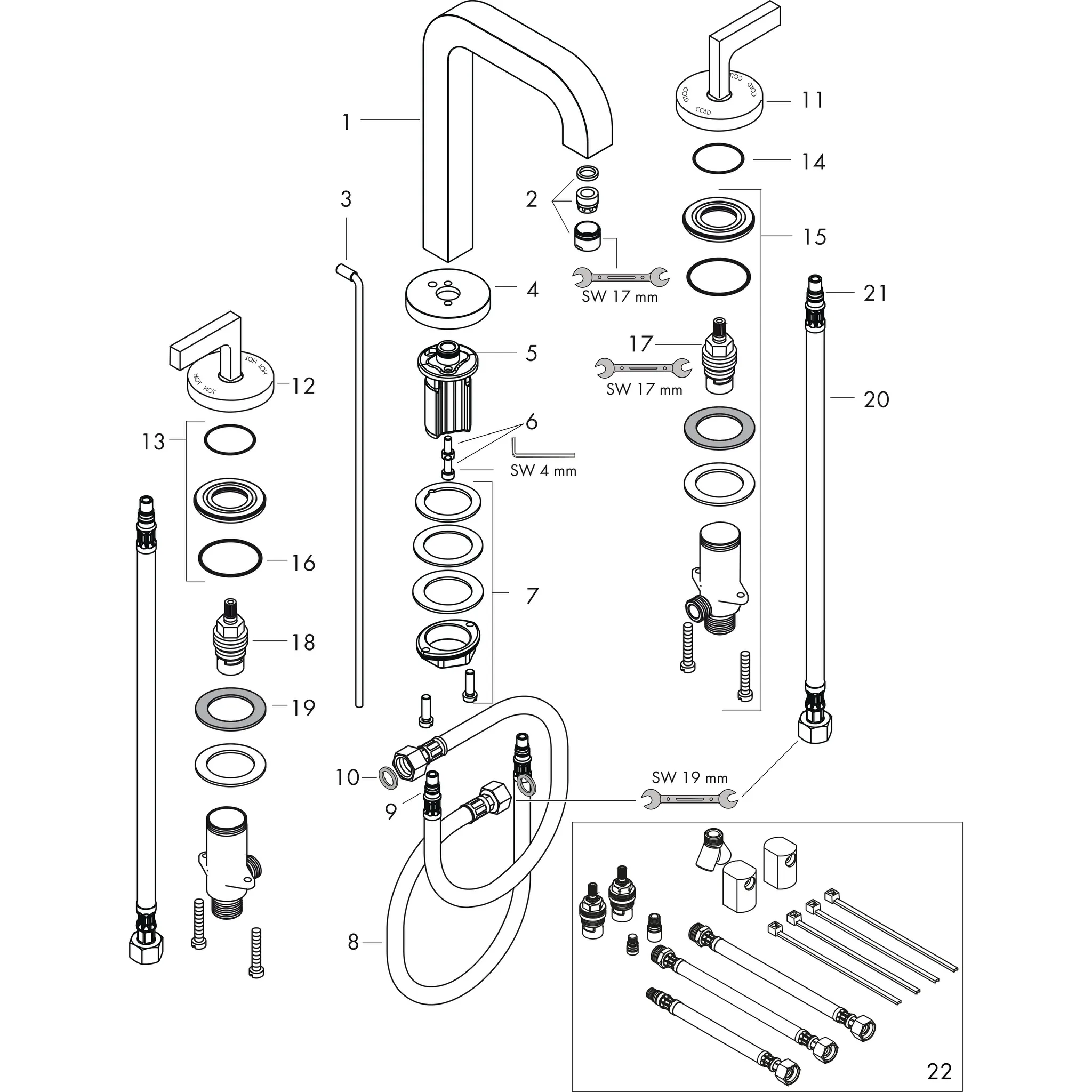 Hansgrohe AXOR Citterio 3-Loch Waschtischarmatur Brushed Gold Optic, ComfortZone 170, Ausladung 140 mm, Auslaufhöhe 166 mm, Hebelgriff, Normalstrahl, max. Durchfluss 5 l/min