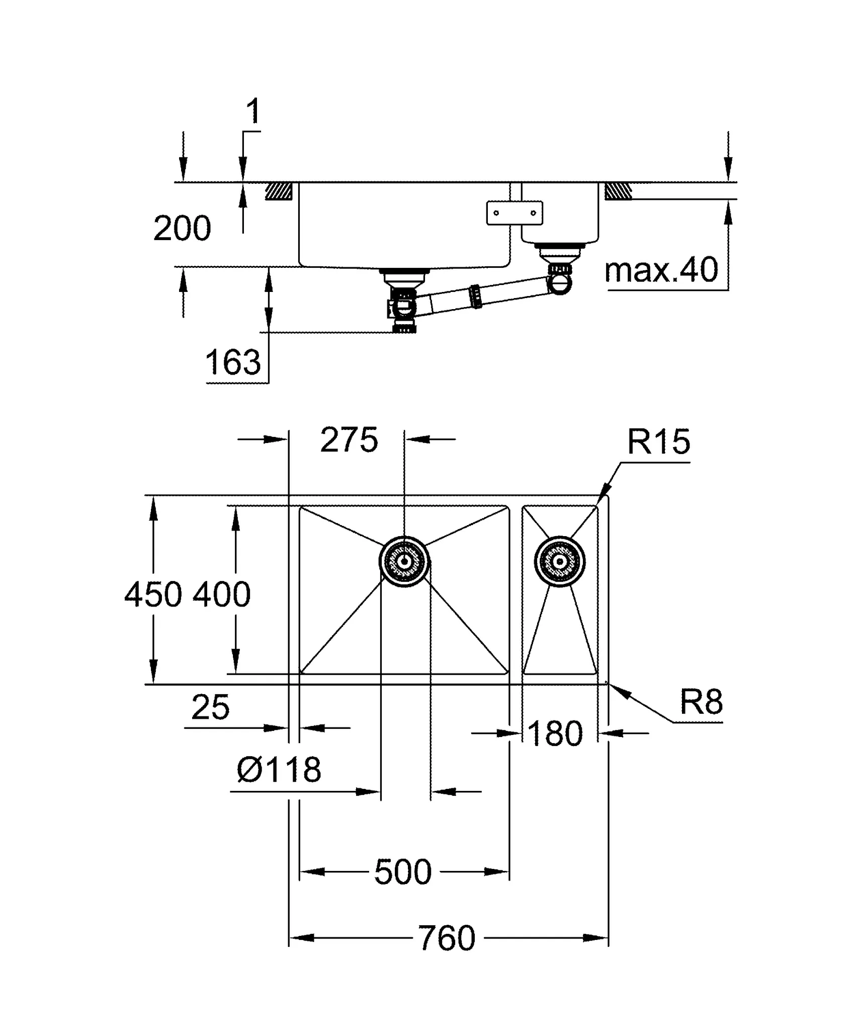 Grohe K700U Edelstahlspüle Unterbau links Grohe K700U Edelstahlspüle Unterbau links