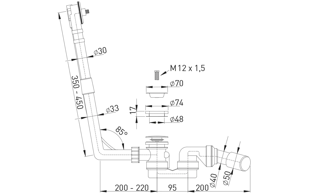 Rohmontageset MW für Normalbadewannen und tiefe Brausetassen, Abgang 40/50 mm
