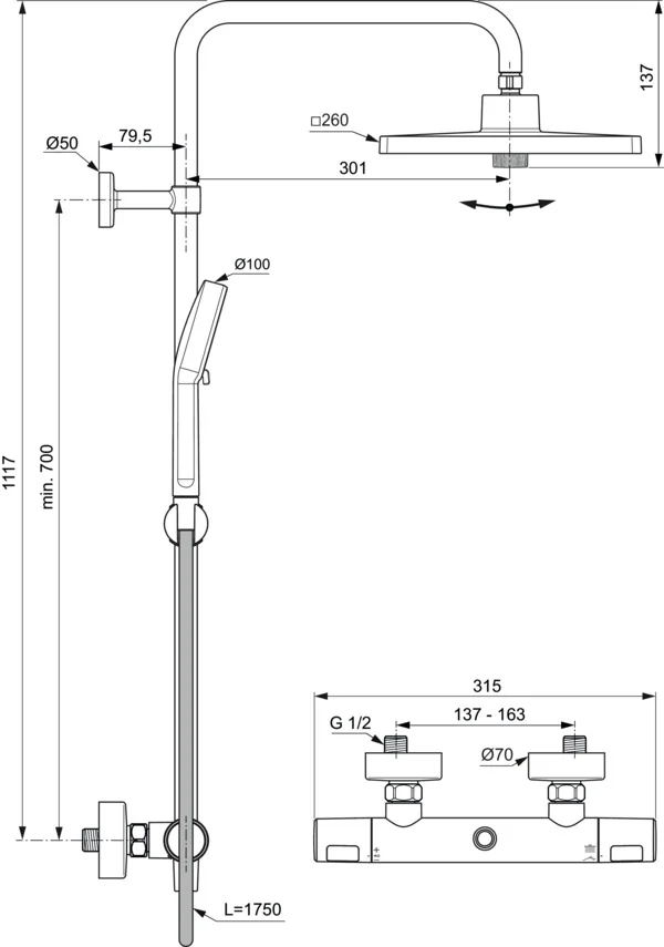 Ideal Standard Ceratherm T25+ Duschsystem mit eckiger Kopfbrause in Chrom, 8 Liter pro Minute Durchfluss
