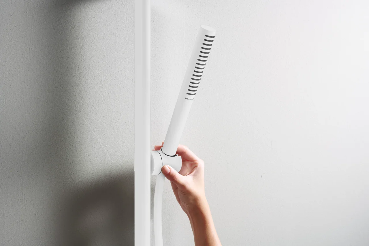 Hansgrohe Pulsify S Stabhandbrause, Mattweiß, 98 x 24 mm, PowderRain Strahlart, QuickClean, max. Durchfluss 5,4 l/min ab 0,5 bar, G 1/2 Anschluss