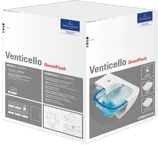Wand-Tiefspül-WC Combi-Pack DirectFlush „Venticello“ mit SlimSeat 37,5 × 33 cm, ohne Spülrand, Quick Release, Soft Closing