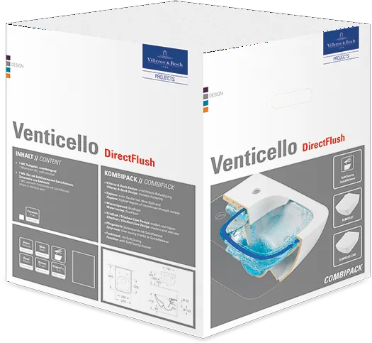 Wand-Tiefspül-WC Combi-Pack DirectFlush „Venticello“ mit SlimSeat 37,5 × 33 cm, ohne Spülrand, Quick Release, Soft Closing