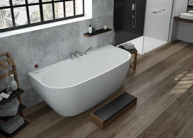 Hoesch Badewanne „iSensi“ Monolith vorwand halbkreis 170 × 75 cm, mit Schürze in Weiß