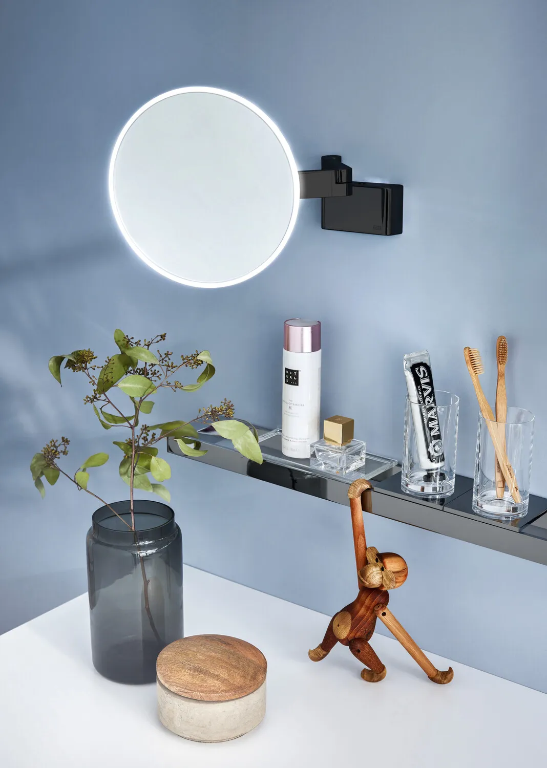 LED-Kosmetikspiegel evo 2-armig, 3-fach, rund, Stecker, 2 Schalter, Farbwechsel, dimmbar D: 209 mm, chrom
