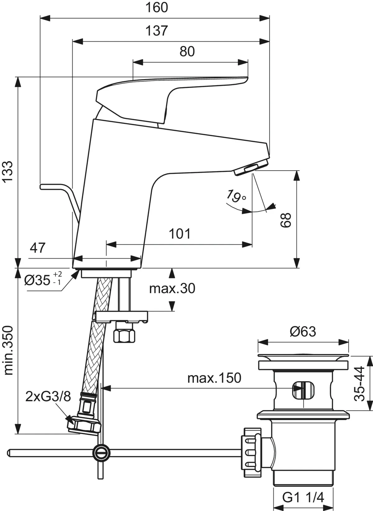 Waschtischarmatur Ceraflex, 5 l/min., mit Ablaufgarnitur aus Kst., Ausladung 101mm, Chrom Waschtischarmatur Ceraflex, 5 l/min., mit Ablaufgarnitur aus Kst., Ausladung 101mm, Chrom