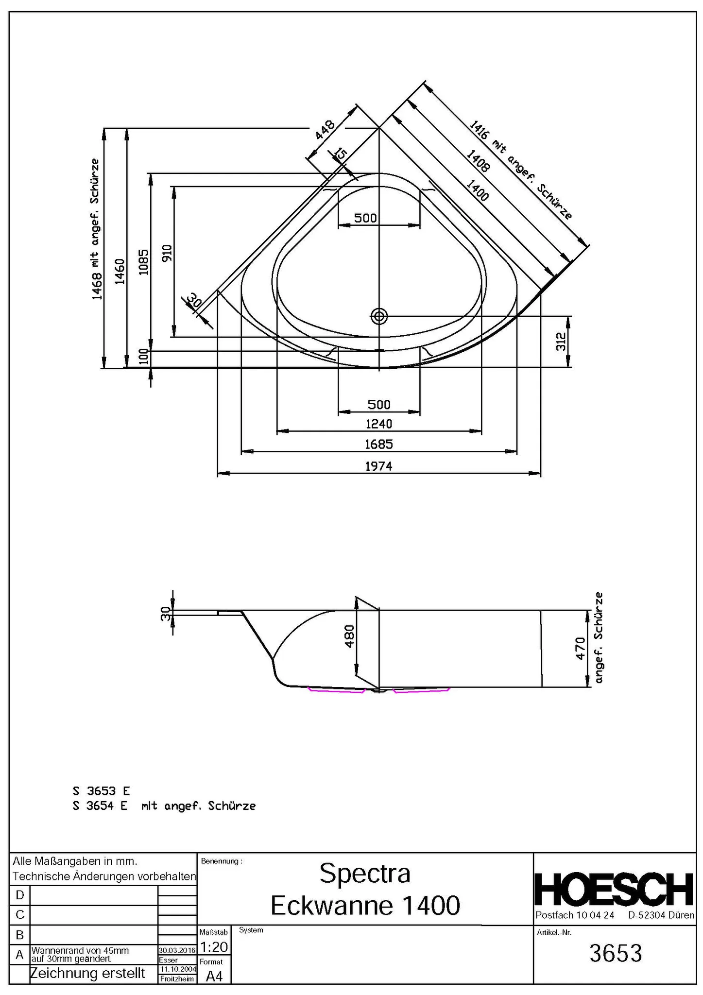 Hoesch Badewanne „Spectra“ eck 140 × 140 cm, ohne Schürze in Weiß