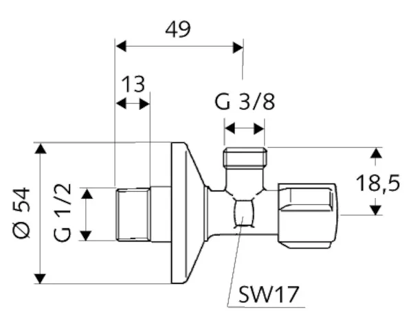 Eckventil mit Regulierfunktion COMFORT, COMFORT-Griff, Schubrosette Ø 54 mm, DN 15 G 1/2 AG, DN 10 G 3/8 AG, chrom