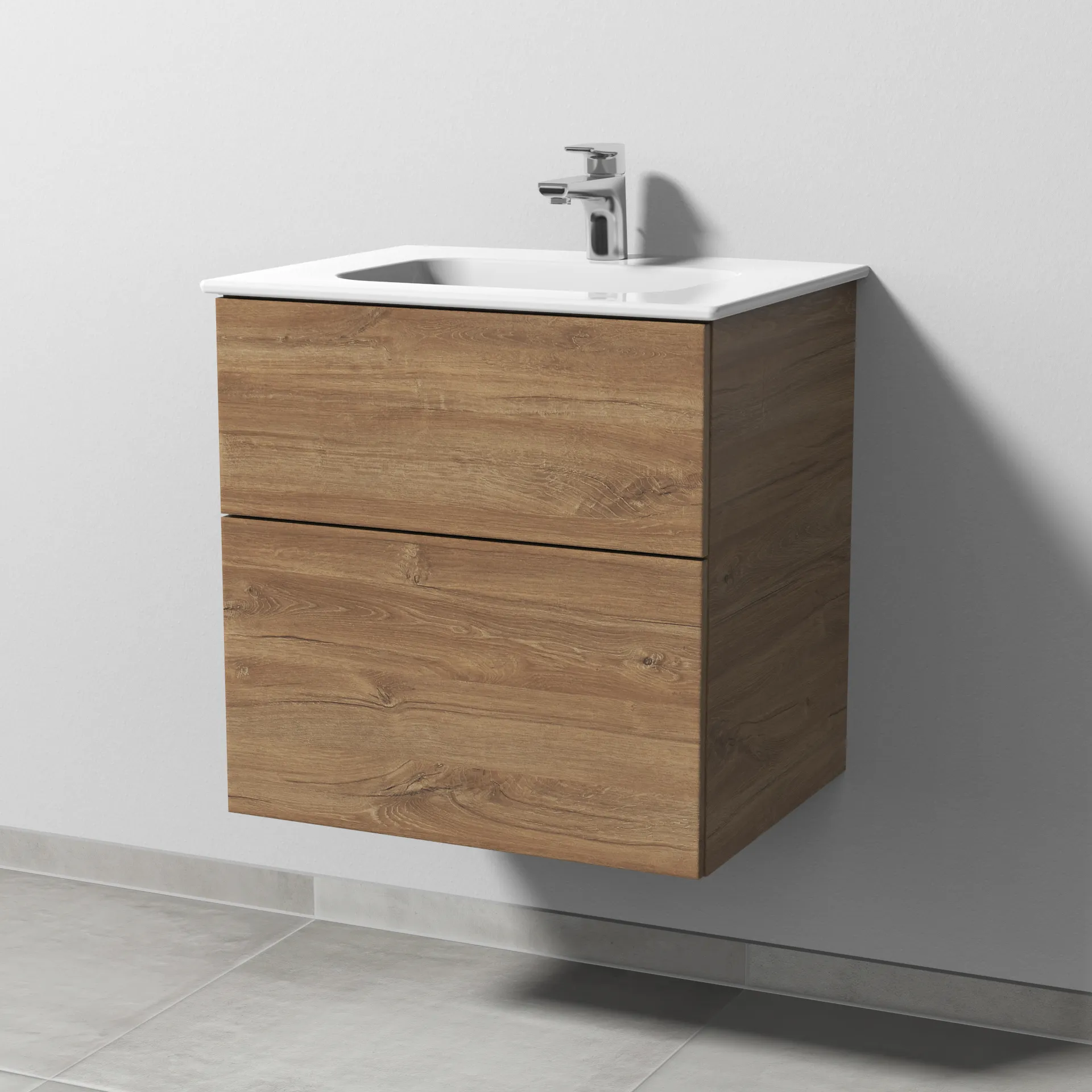Keramik-Waschtisch-Set mit Waschtischunterschrank „3way“ 57 × 46 × 58,2 cm in Eiche Kansas, mit Hahnlochbohrung, Becken mittig Keramik-Waschtisch-Set mit Waschtischunterschrank „3way“ 57 × 46 × 58,2 cm in Eiche Kansas, mit Hahnlochbohrung, Becken mittig