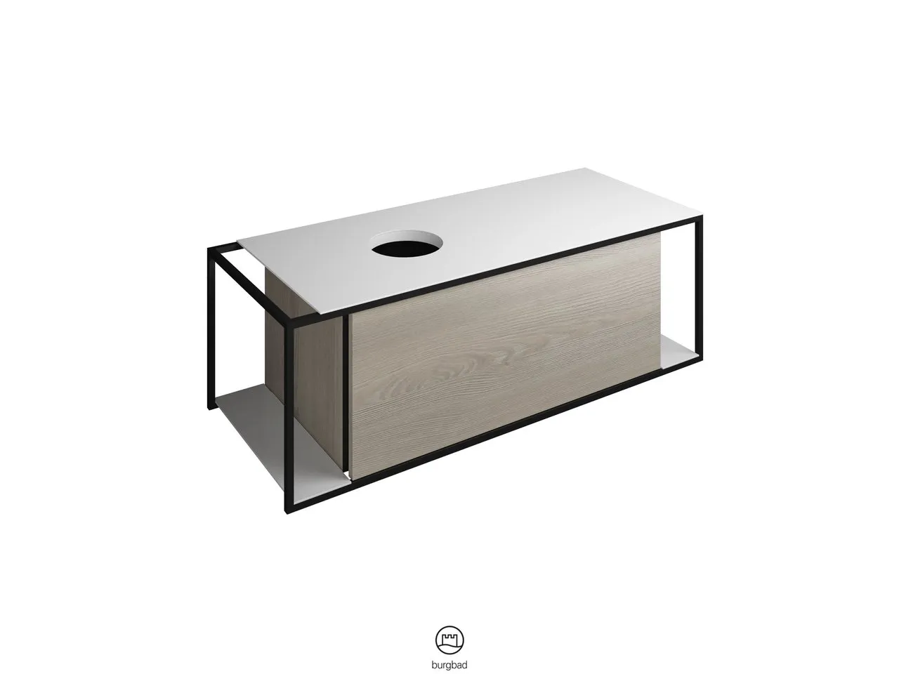 Waschtischunterschrank Junit SFRI120 von burgbad – weiß, 485 mm tief, 1.200 mm breit, 395 mm hoch, mit Alurahmen Schwarz eloxiert Waschtischunterschrank Junit SFRI120 von burgbad – weiß, 485 mm tief, 1.200 mm breit, 395 mm hoch, mit Alurahmen Schwarz eloxiert