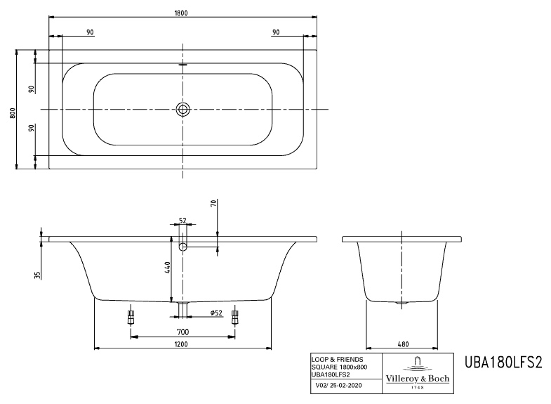 Villeroy & Boch Badewanne mit eckiger Innenform „Loop & Friends“ umlaufender Wannenrand rechteck 180 × 80 cm, rechteckig, Mittelablauf 