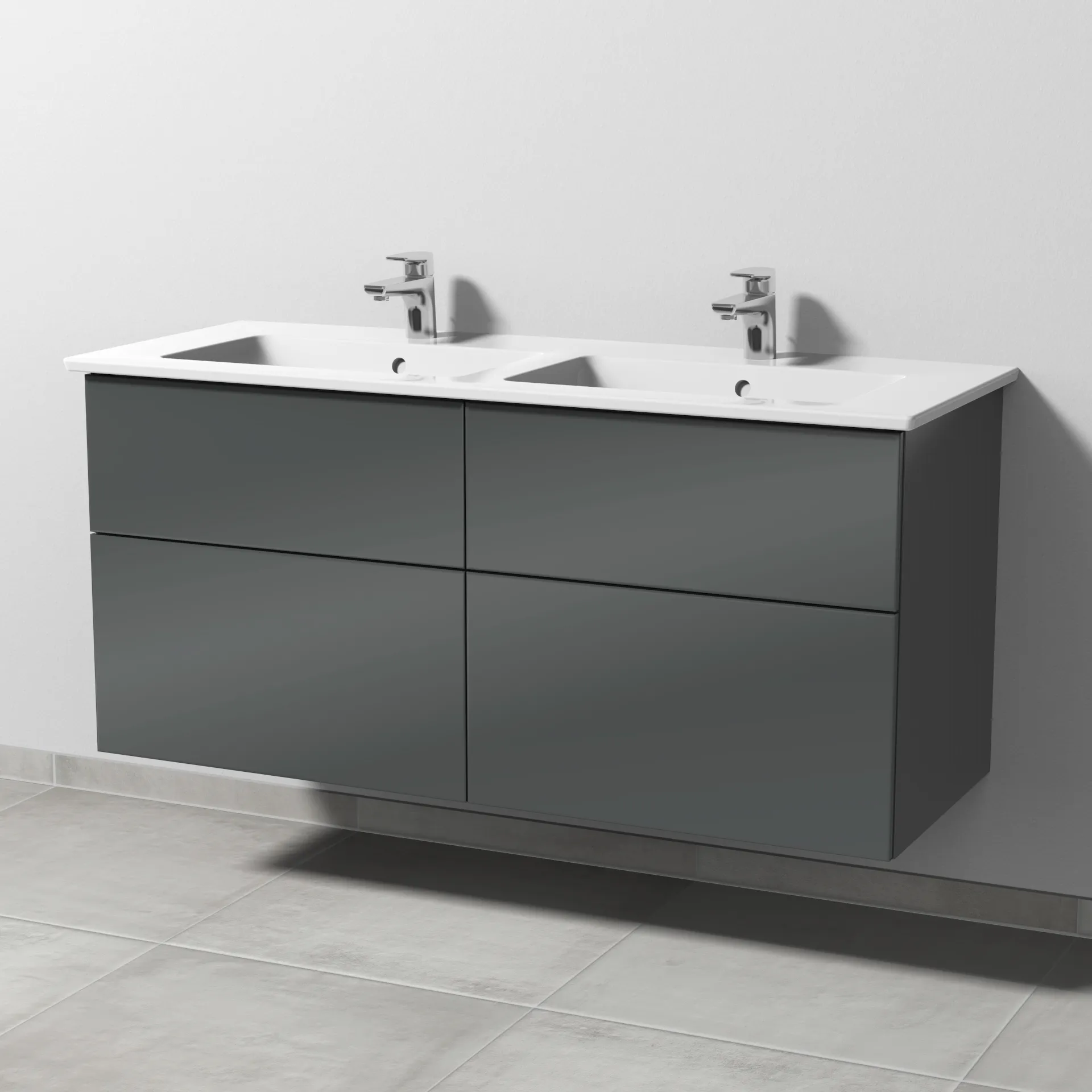 Keramik-Waschtisch-Set mit Waschtischunterschrank „3way“ 125,5 × 47,7 × 59,1 cm in Anthrazit (glanz), mit Hahnlochbohrung, Becken links und rechts Keramik-Waschtisch-Set mit Waschtischunterschrank „3way“ 125,5 × 47,7 × 59,1 cm in Anthrazit (glanz), mit Hahnlochbohrung, Becken links und rechts