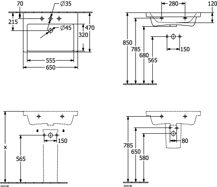 Wandwaschtisch aus TitanCeram „Subway 3.0“ 65 × 47 × 16,5 × 16,5 cm, ohne Hahnlochbohrung