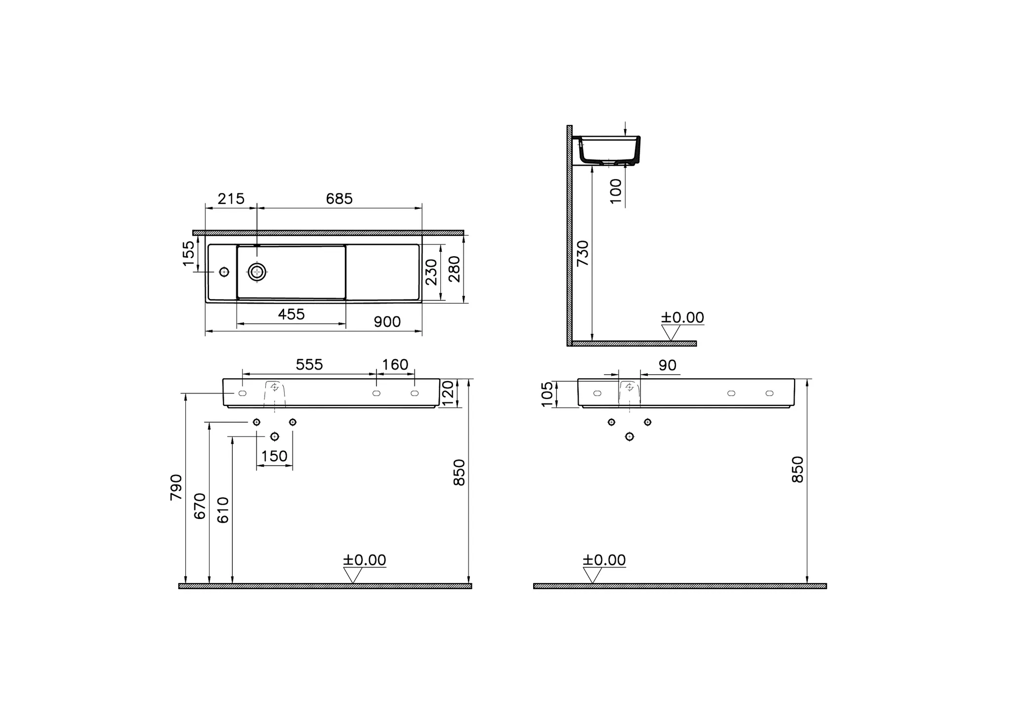 VitrA ArchiPlan Waschtisch Compact asymmetrisch 90 x 28 cm rechteckig wandgebunden Becken links Hahnloch links Ablage rechts mit Überlaufloch Weiß Hochglanz