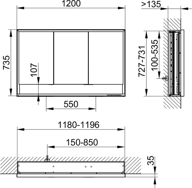 KEUCO ROYAL LUMOS Spiegelschrank Wandeinbau 3-türig kurze Tür silber-eloxiert 1200x735x165mm KEUCO ROYAL LUMOS Spiegelschrank Wandeinbau 3-türig kurze Tür silber-eloxiert 1200x735x165mm