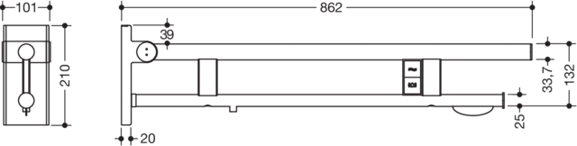 Stützklappgriff Duo, Design A des Systems 900, Edelstahl, PVD, Ausladung 850 mm, mit WC-Papierhalter und Spül-/Funktionstasten (E-Ausführung), Ausführung links, in Farbe CK (messing glänzend)