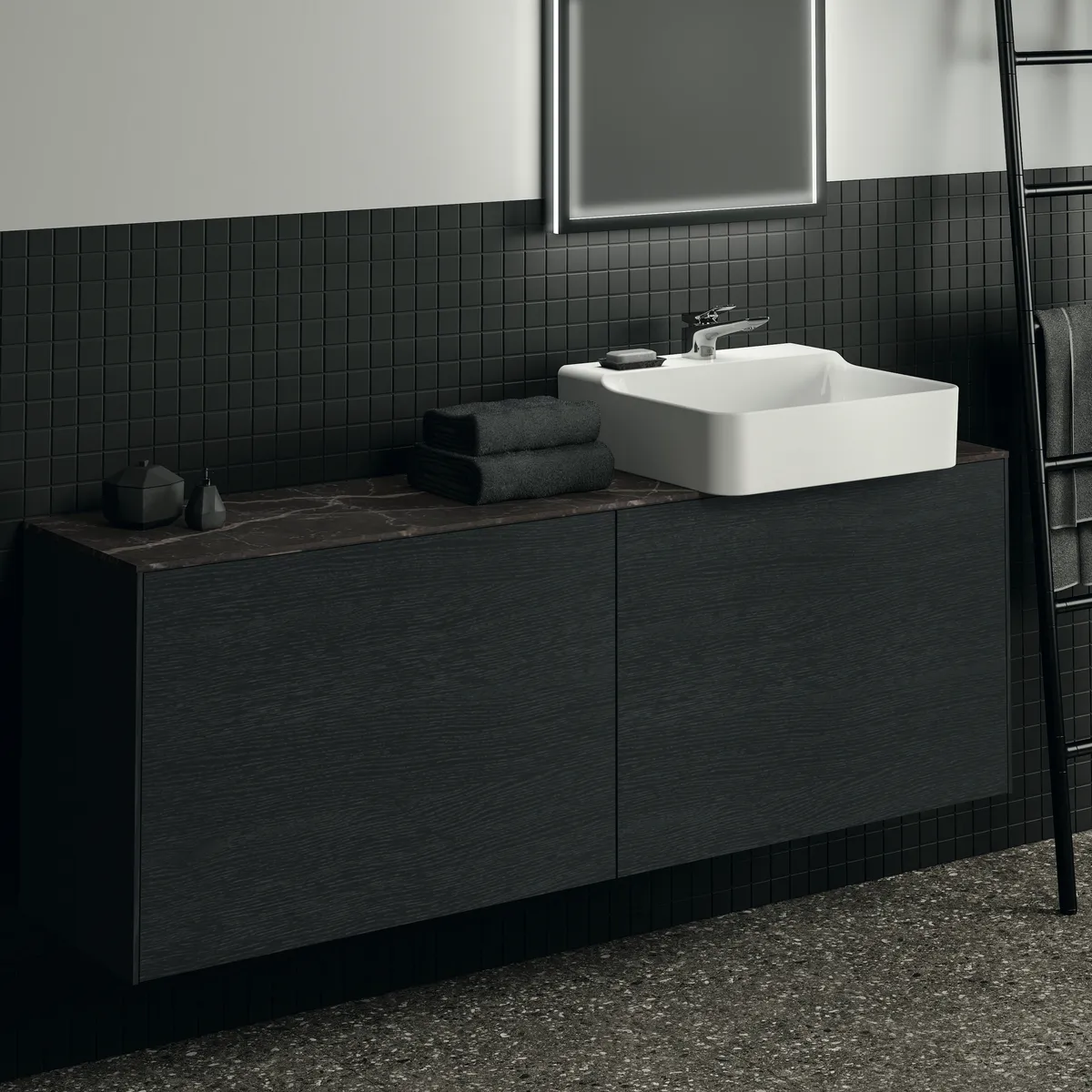 Waschtischplatte Conca, aus Keramik, 1587x373x6mm, Marmor Noir Desir