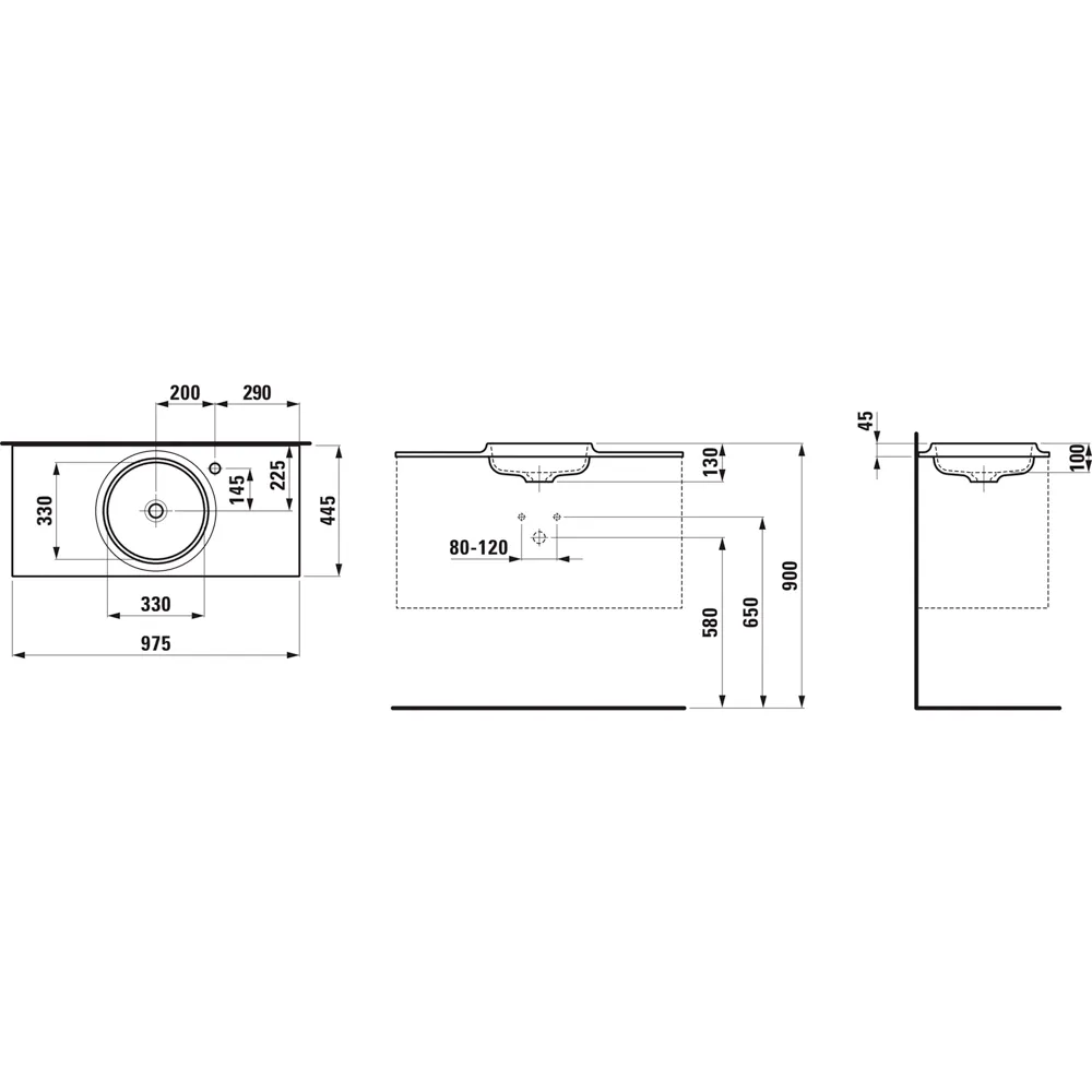 LANI 975x445 Möbelwaschtisch Slim aus Marbond, Ablage links und rechts, ohne Überlauf, weiß
