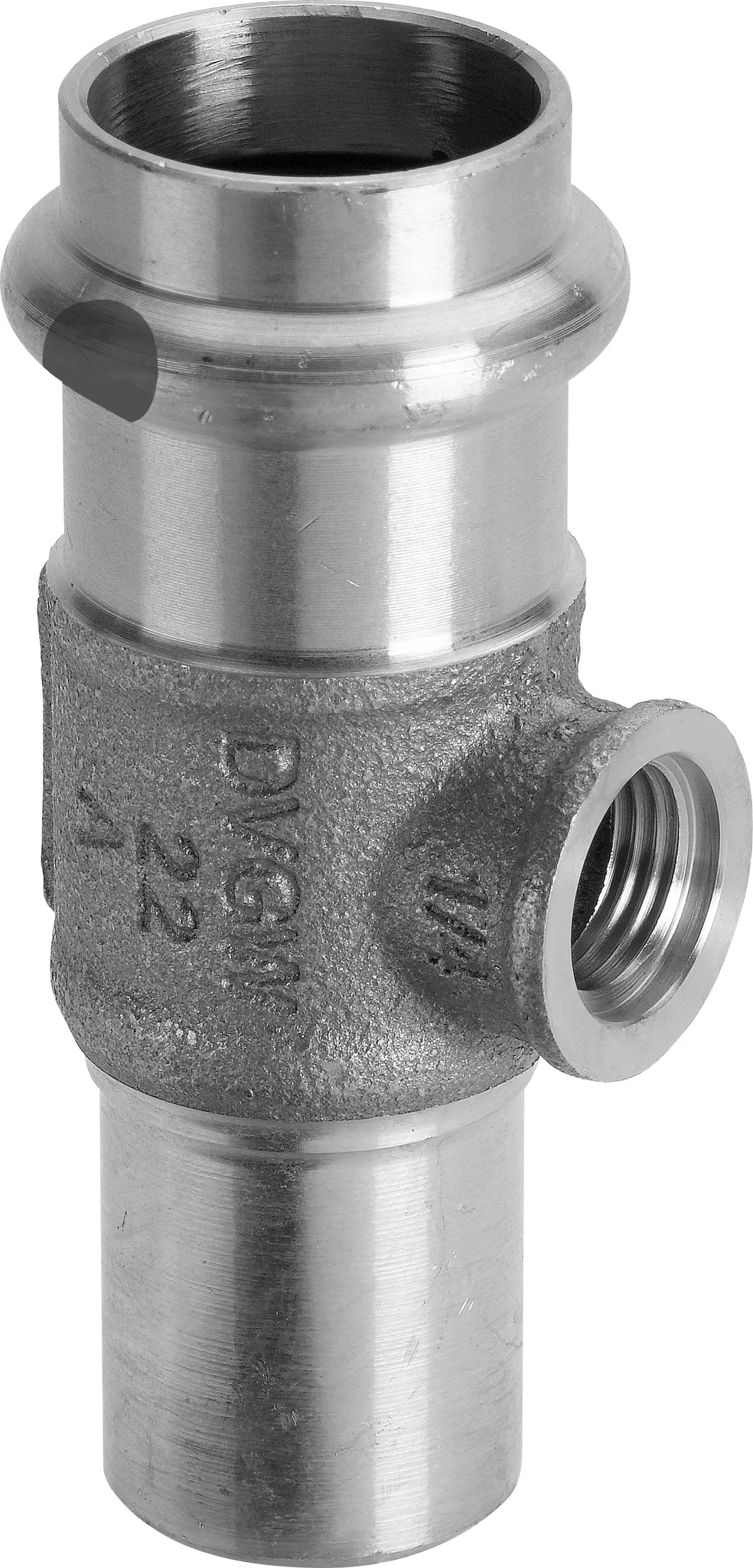 „Sanpress“ T-Stück mit 2 Muffen und Einsteckende 15 mm × 1/4″ × 15 mm „Sanpress“ T-Stück mit 2 Muffen und Einsteckende 15 mm × 1/4″ × 15 mm