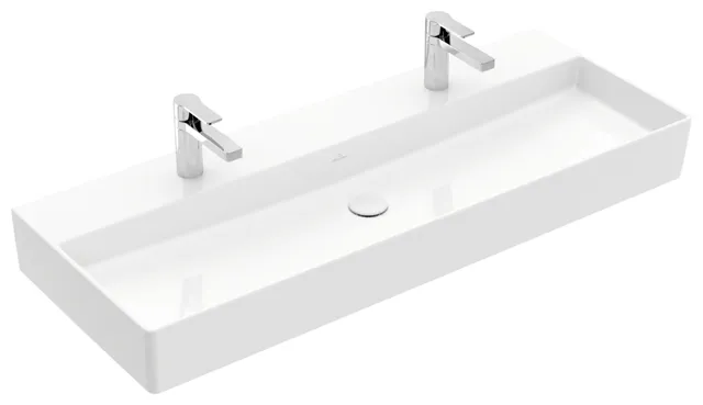 Villeroy & Boch Wandwaschtisch aus TitanCeram geschliffen „Memento 2.0“ 1200 × 470 × 150 mm, Hahnlochposition links und rechts, mit Hahnlochbohrung in Weiß Alpin