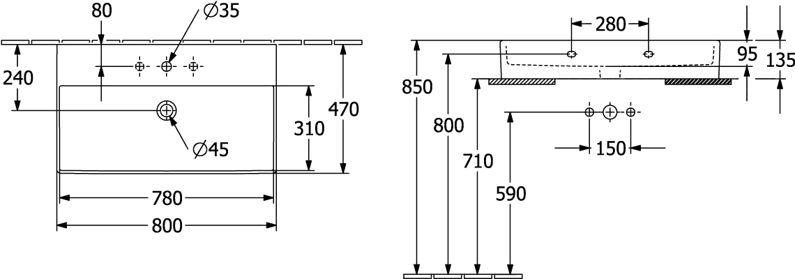 Waschbecken Memento 2.0 4A228J, 800 x 470 mm, Rechteck, mit Überlauf, geschliffen, Weiß Alpin