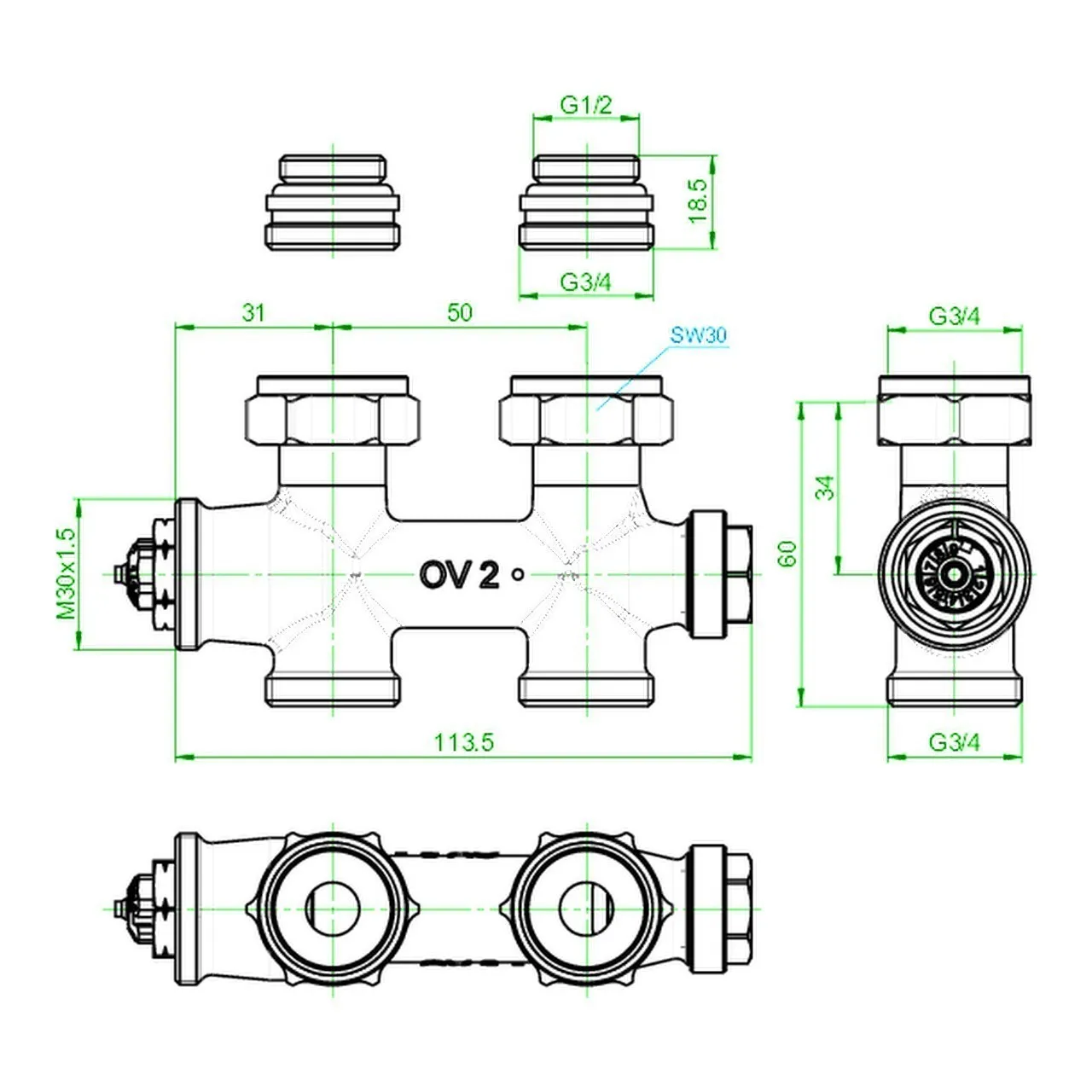 Design in Bad Anschlussgarnitur inkl. Thermostat für Heizkörper mit 50 mm Anschluss Durchgangsform „Multiblock T“ in edelstahl Design in Bad Anschlussgarnitur inkl. Thermostat für Heizkörper mit 50 mm Anschluss Durchgangsform „Multiblock T“ in edelstahl