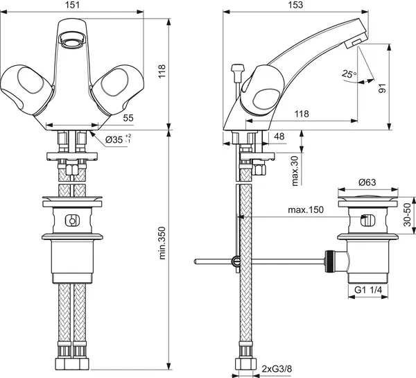 Ideal Standard ALPHA NEW Zweigriff-Waschtischarmatur Alpha B2036AA, Chrom Ideal Standard ALPHA NEW Zweigriff-Waschtischarmatur Alpha B2036AA, Chrom