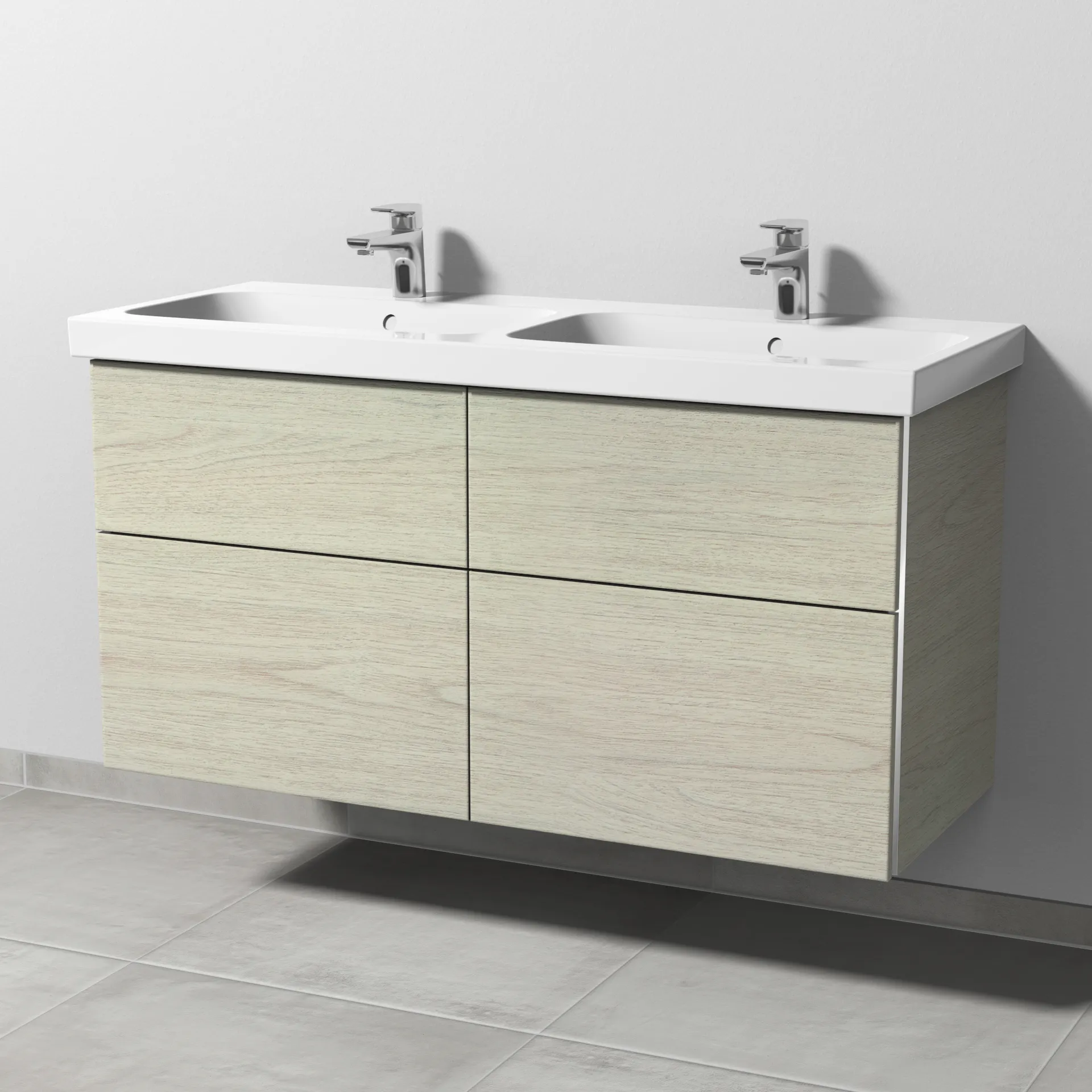 Sanipa Waschtischunterschrank „3way“ passend zu Keramik-Waschtische iCon Light von Geberit 1150 × 591 × 462 mm in White Oak, Becken links und rechts, 