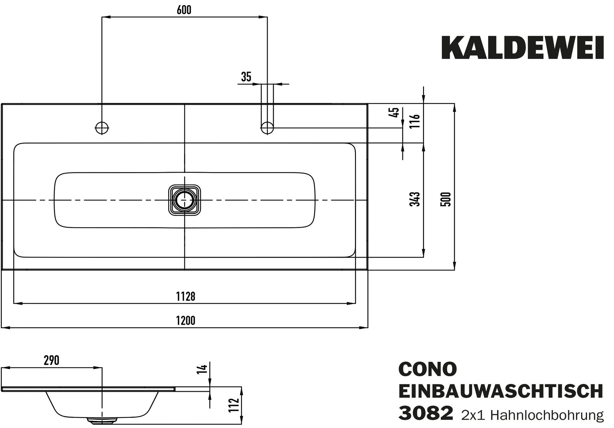 Doppelwaschtisch „Cono“ 120 × 50 cm, ohne Überlauf, mittig, mit Hahnlochbohrung in alpinweiß mit Perl-Effekt