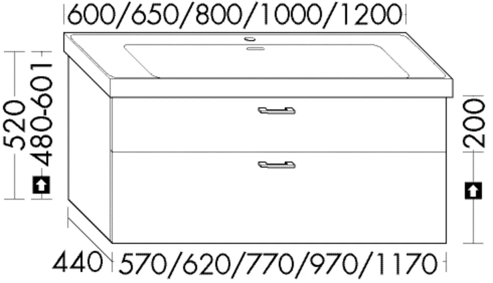 Waschtischunterschrank Sys30 von burgbad – Paro, 770 mm breit, 440 mm tief, 520 mm hoch, 1 Schublade oben mit Siphonausschnitt, 1 Auszug unten