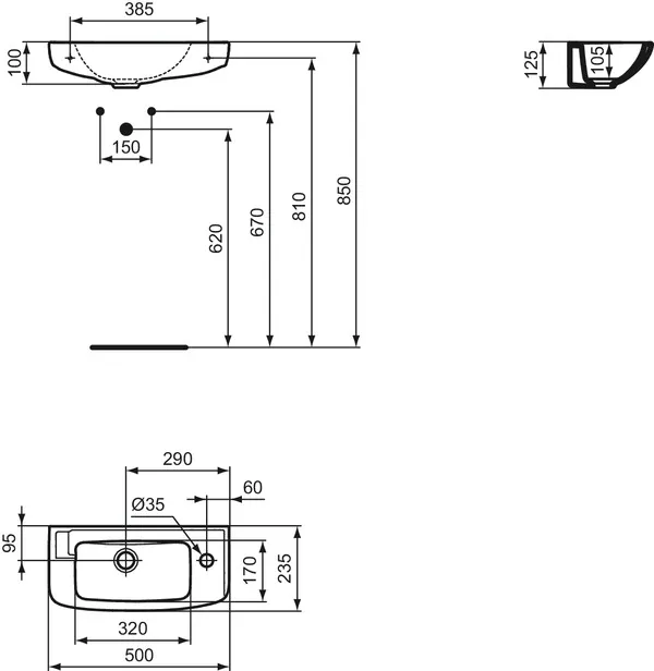 Waschbecken „Eurovit“ 50 × 23,5 × 12,5 cm, Hahnlochposition rechts Waschbecken „Eurovit“ 50 × 23,5 × 12,5 cm, Hahnlochposition rechts