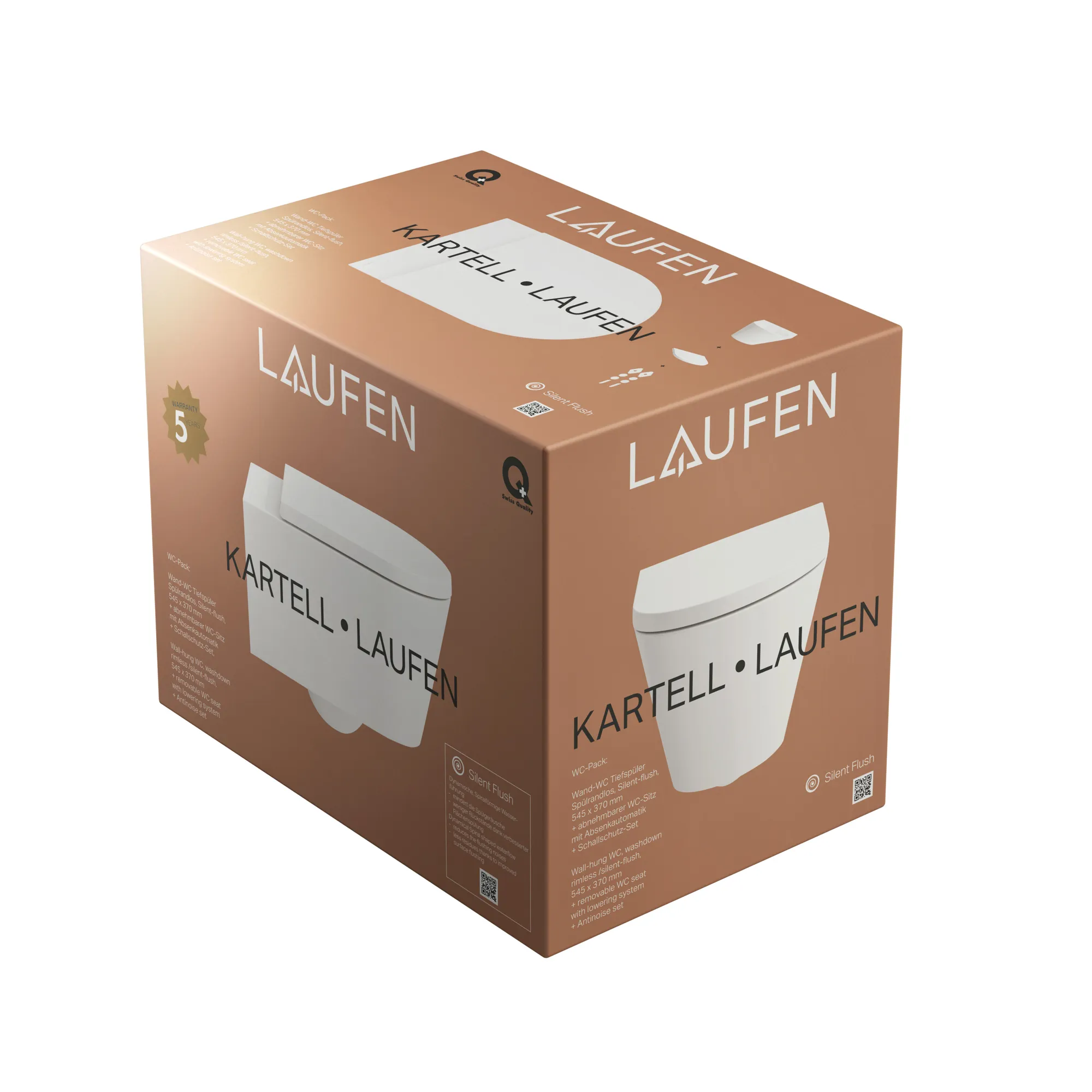Tiefspül-WC mit Silent Flush wandhängend+Sitz Kartell Pack 545x370 spülrandlos verdeckte Befestigung, weiß, bestehend aus H8213310000001 Wand-WC und H8913330000001 WC-Sitz mit Absenkautomatik