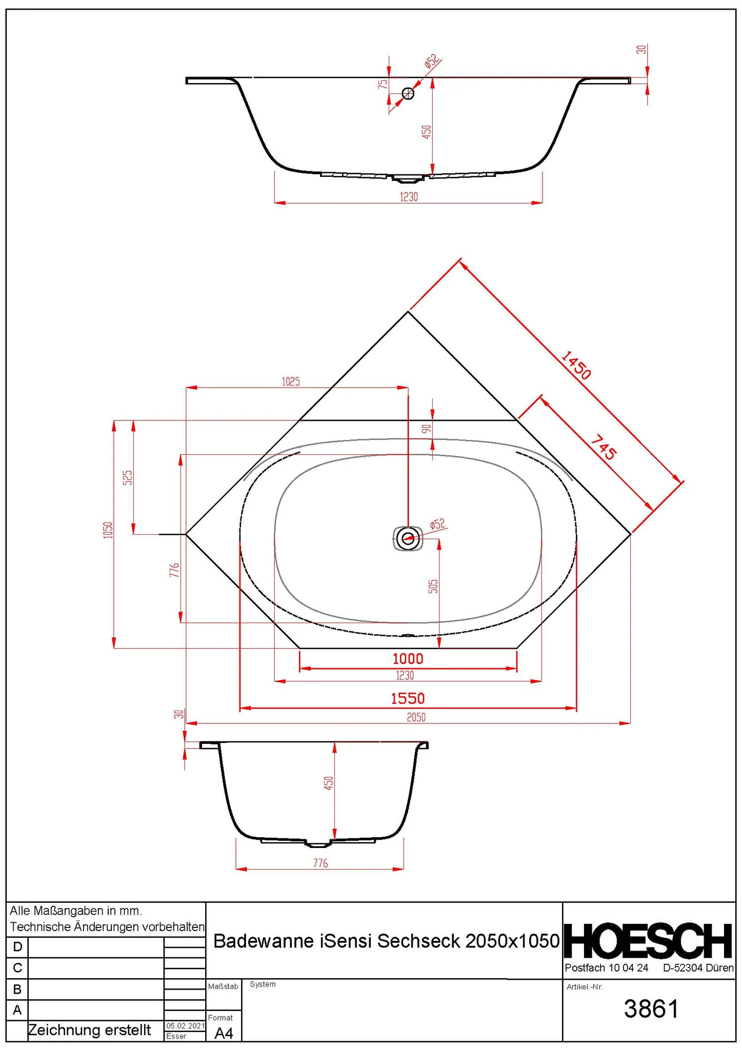 Hoesch Badewanne „iSensi“ sechseck 205 × 105 cm in Weiß