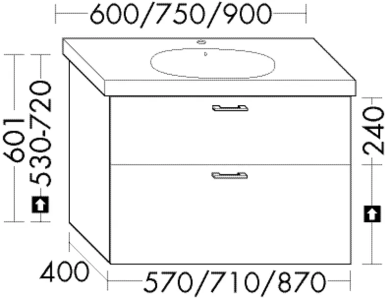 Waschtischunterschrank Sys30 von burgbad - 400 mm tief, 870 mm breit, 601 mm hoch, mit 1 Schublade oben und 1 Auszug unten