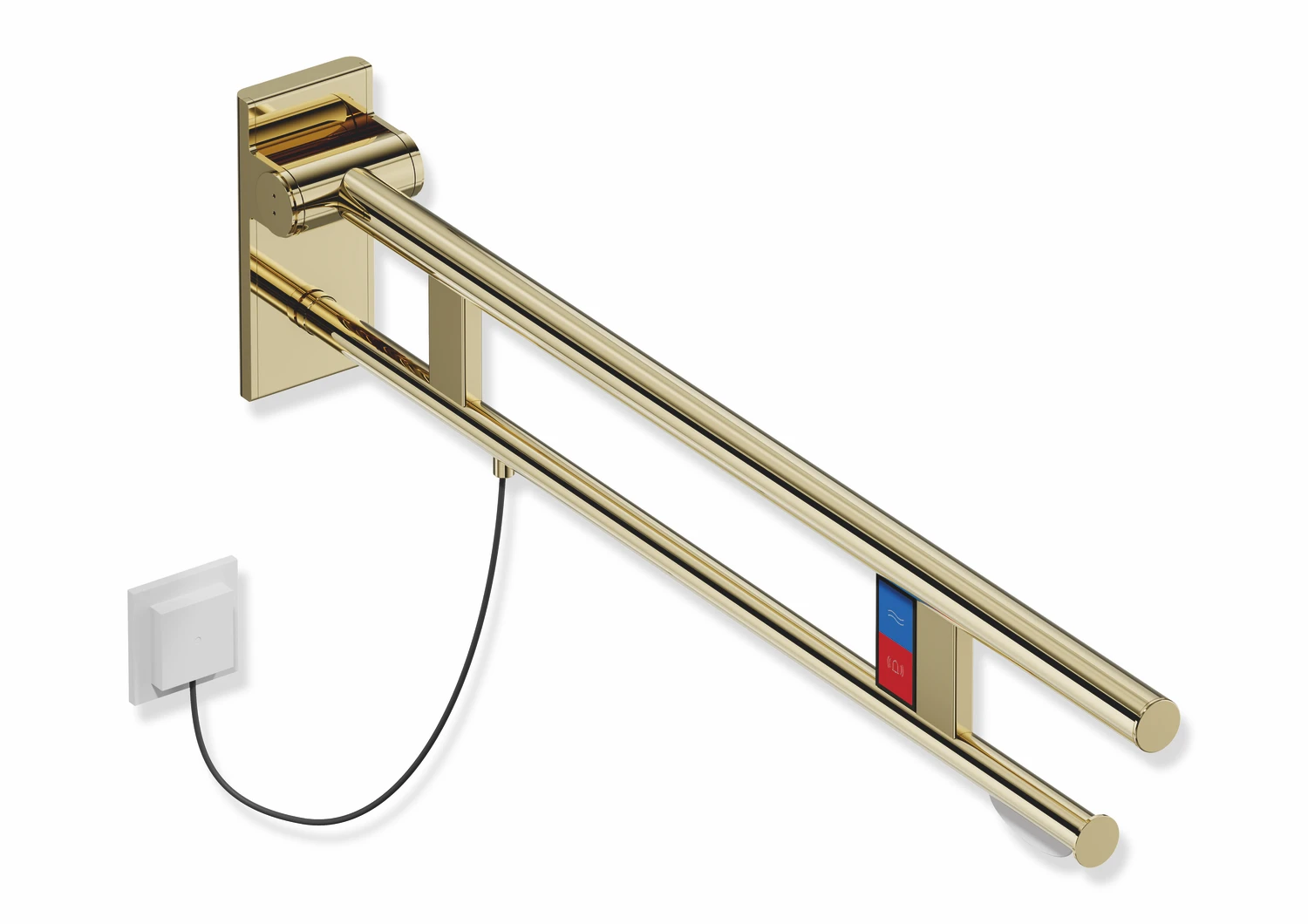 Stützklappgriff Duo, Design A des Systems 900, Edelstahl, PVD, Ausladung 900 mm, mit WC-Papierhalter und Spül-/Funktionstasten (E-Ausführung), Ausführung links, in Farbe CK (messing glänzend)