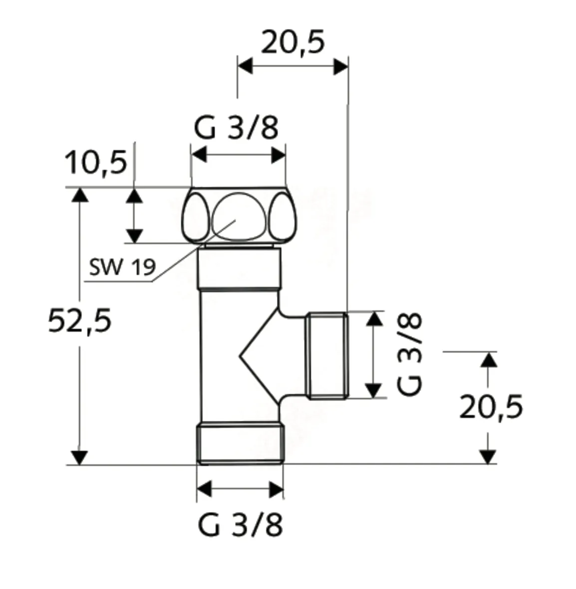T-Stück, Überwurfmutter DN 10 G 3/8 IG, 2x DN 10 G 3/8 AG, chrom