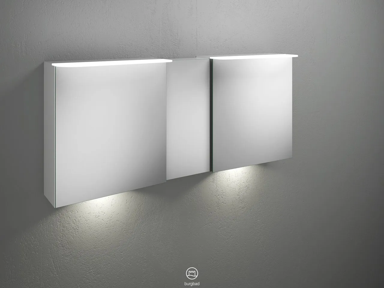 Badu Spiegelschrank SFUF150 von burgbad - 310 mm tief, 1.500 mm breit, 665 mm hoch mit 3 beidseitig verspiegelten Spiegeln und LED-Beleuchtung