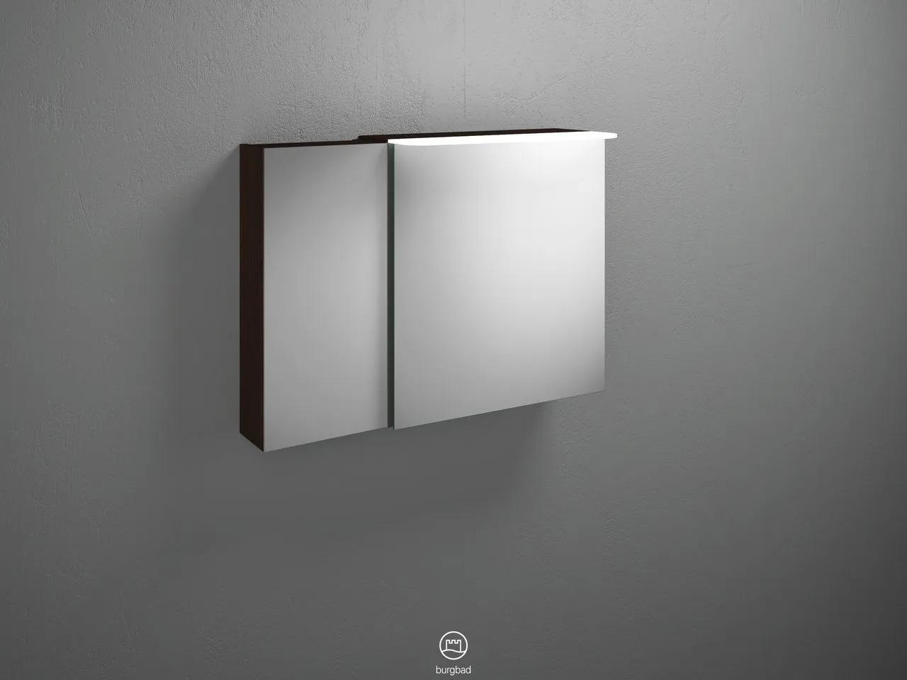 Spiegelschrank Badu von burgbad - 900 mm breit, 310 mm tief, 665 mm hoch mit LED-Aufsatzleuchte und beidseitig verspiegelten Spiegeltüren