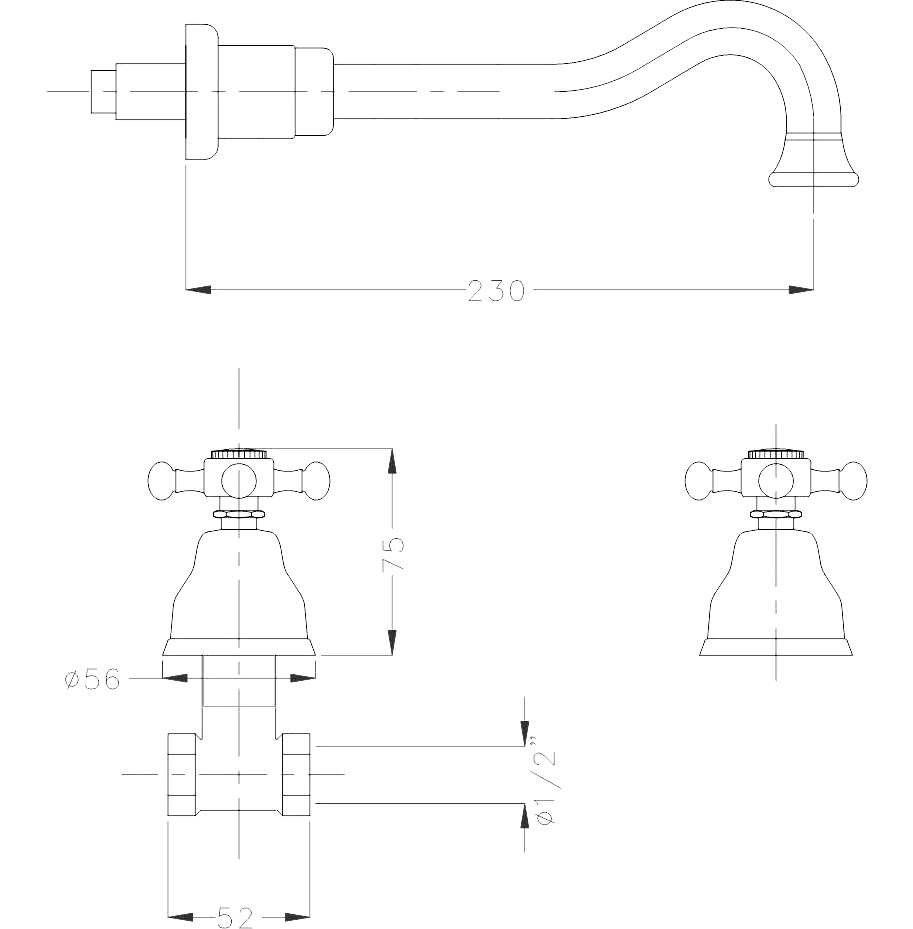 Waschtisch-Wandbatterie AqvaRetro I - inkl. Sicht- und Funktionsteile - keramische Innenoberteile 90° - chrom