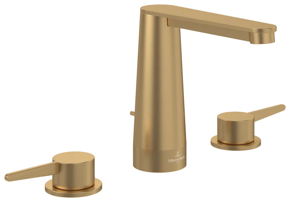 Villeroy & Boch Conum Dreiloch-Waschtischarmatur, Brushed Gold, 440x165x144mm, Keramikkartusche, Laminarstrahl, SmartPressure