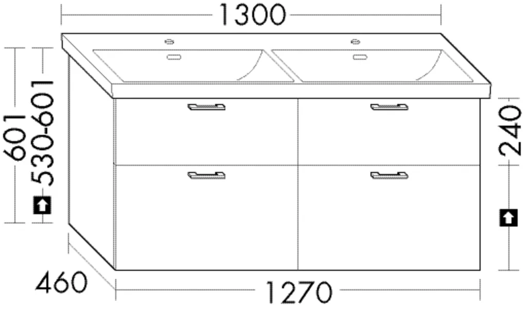 Waschtischunterschrank Sys30 von burgbad – 1.270 mm breit, 460 mm tief, 600 mm hoch, 2 Schubladen oben, 2 Auszüge unten, Siphonausschnitt, Villeroy & Boch Subway 3.0 (4A71D5/4A71D3)