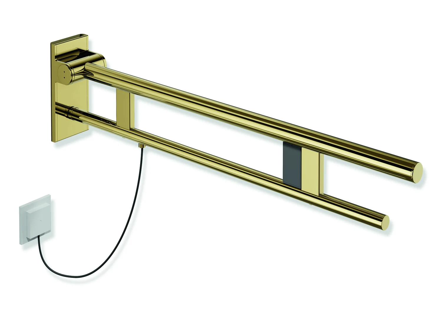 HEWI Stützklappgriff Duo System 900, Design A, Edelstahl PVD gold glänzend, Ausladung 850 mm, rechts, mit Spül-/Funktionstasten E-Ausführung