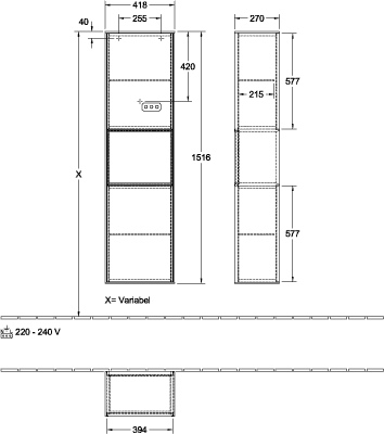 Villeroy & Boch Hochschrank „Finion“ 41,8 × 151,6 cm 2 Türen, Anschlag: rechts, inkl. Beleuchtung in Anschlag rechts