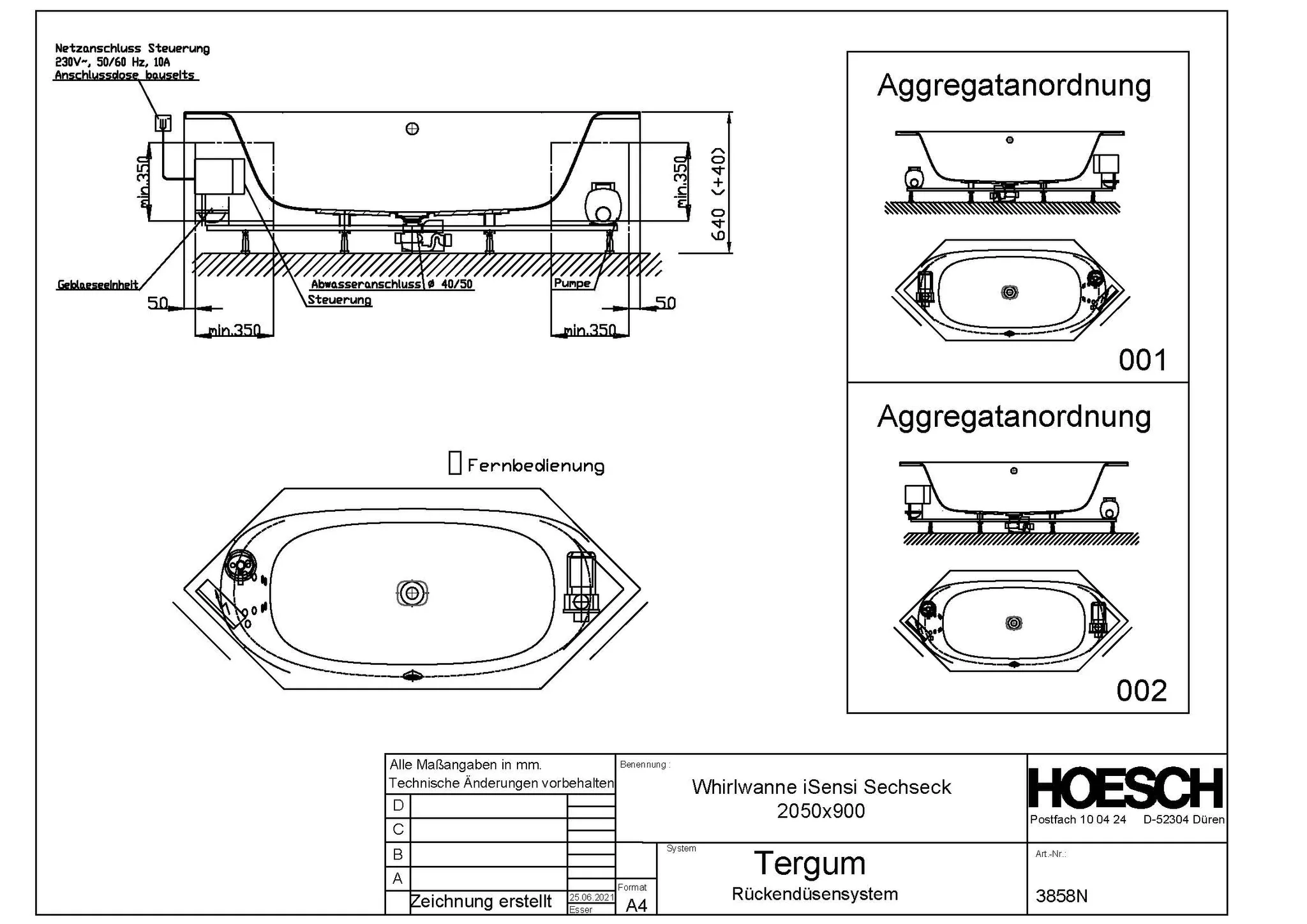 Hoesch Whirlwanne „iSensi“ mit Whirlsystem „Tergum“ sechseck 205 × 90 cm