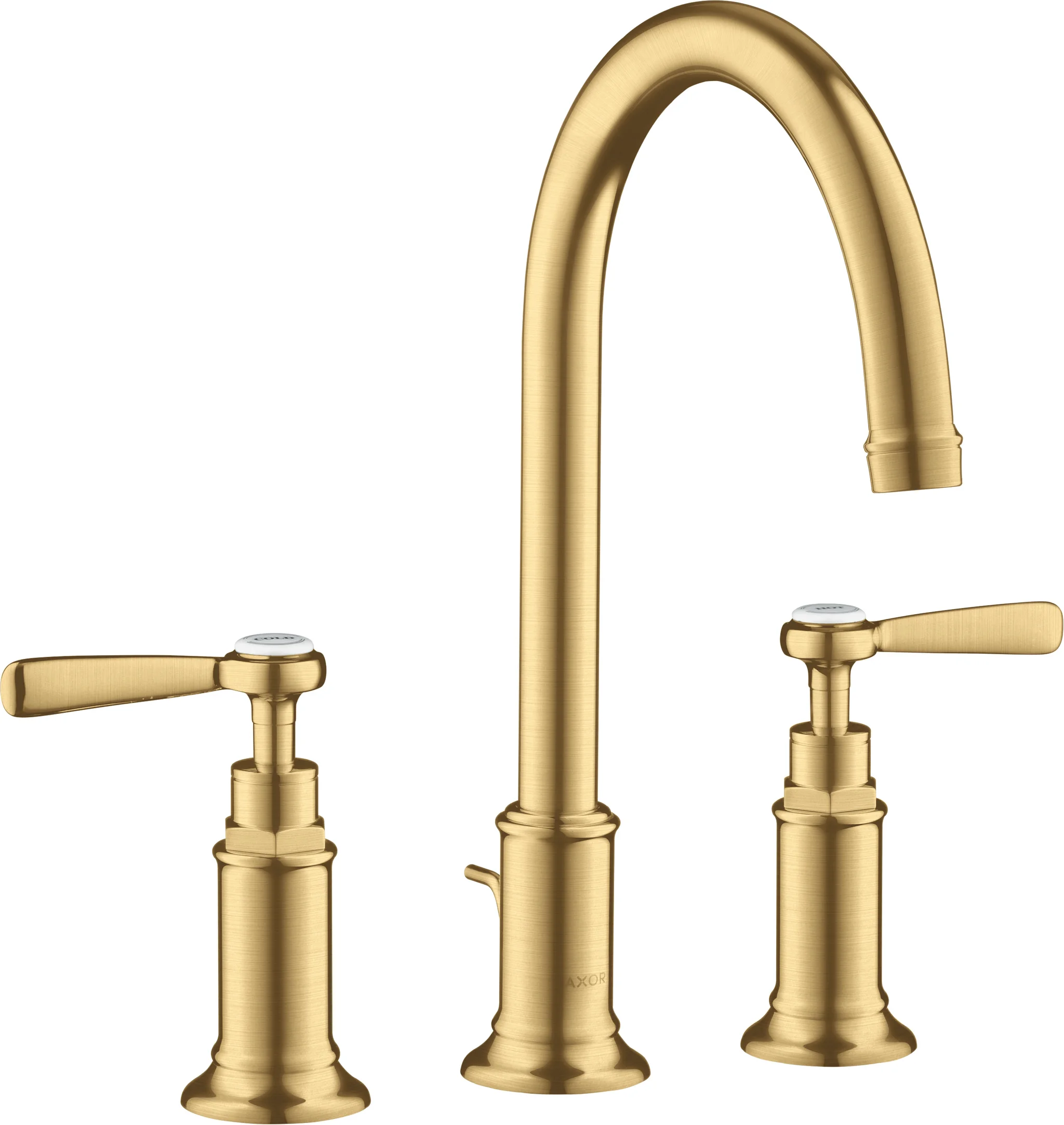 Hansgrohe AXOR Montreux 3-Loch Waschtischarmatur Brushed Gold Optic, ComfortZone 180, Ausladung 175 mm, Hebelgriff, Laminarstrahl, max. Durchfluss 5 l/min Hansgrohe AXOR Montreux 3-Loch Waschtischarmatur Brushed Gold Optic, ComfortZone 180, Ausladung 175 mm, Hebelgriff, Laminarstrahl, max. Durchfluss 5 l/min