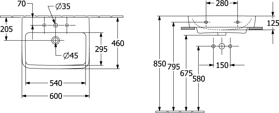 Villeroy & Boch Einbau-/Aufsatz Wandwaschtisch geschliffen „O.novo“ 600 × 460 × 175 mm, für Becken mittig, mit Hahnlochbohrung, Hahnlochposition mittig