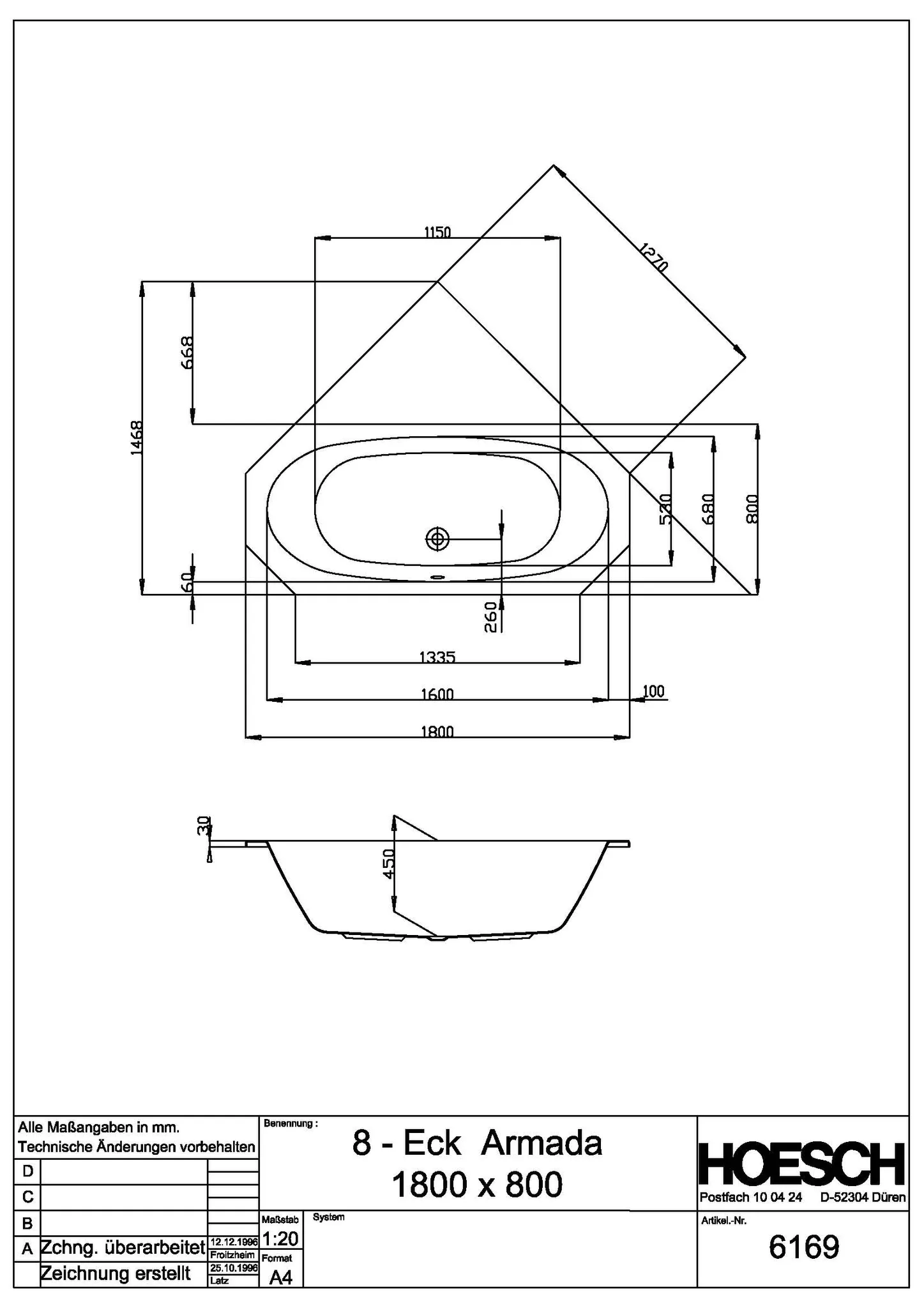 Hoesch Badewanne „Armada“ achteck 180 × 80 cm in Weiß