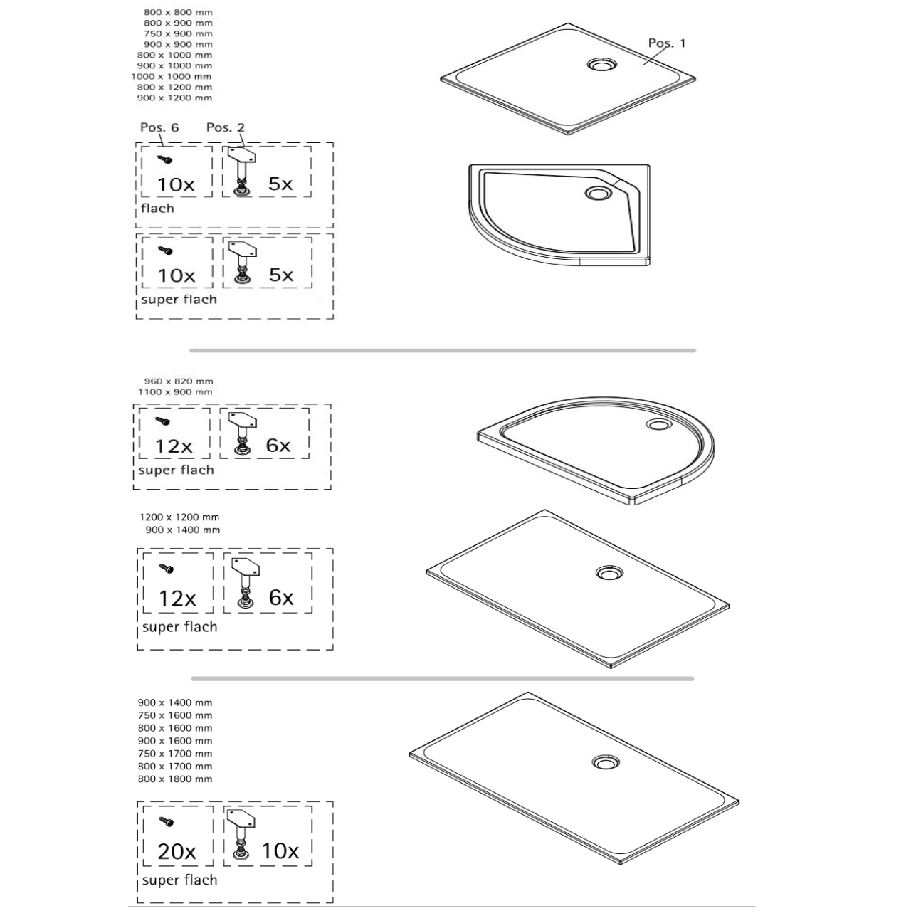 HSK viertelkreis Marmor-Polymer-Duschwanne „superflach“ mit Punktablauf 100 × 100 cm