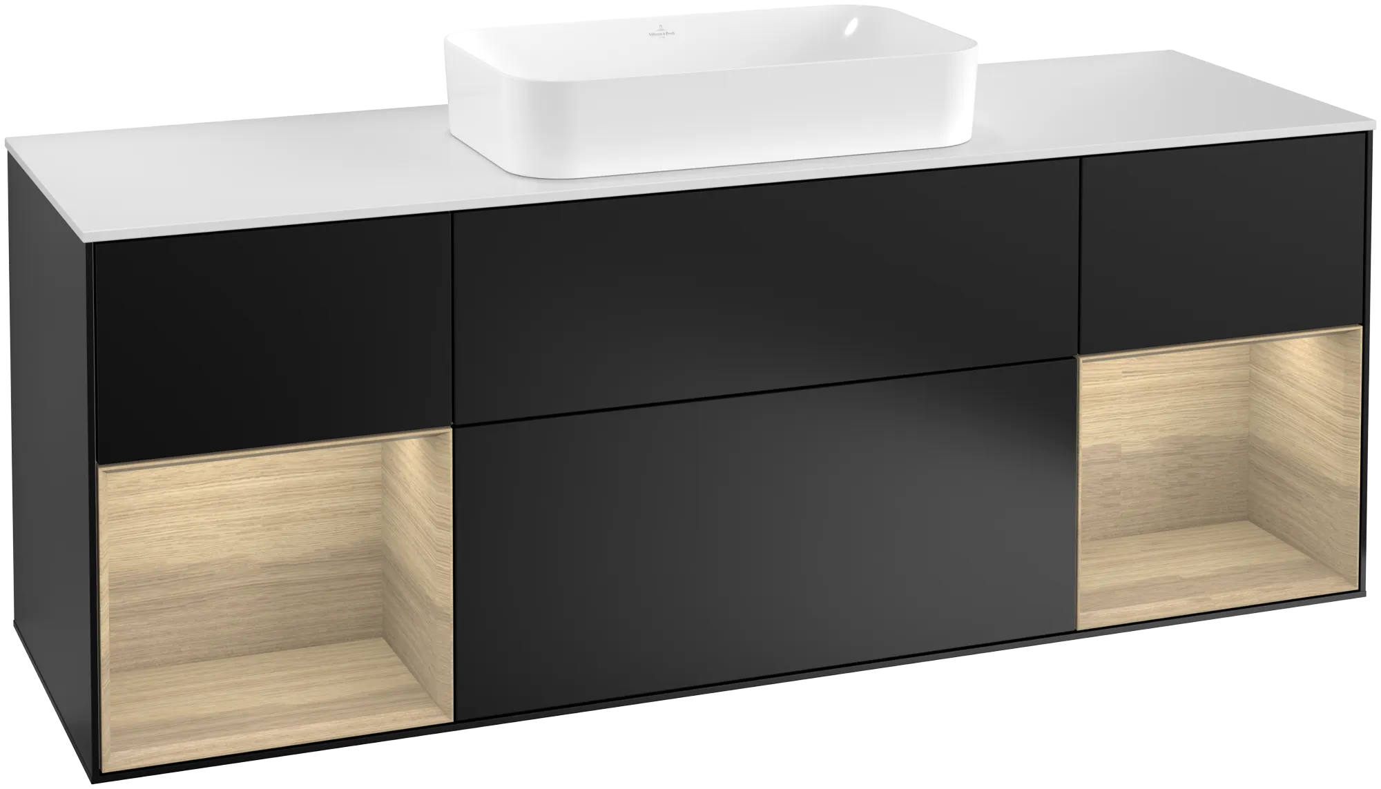 Villeroy & Boch Finion Waschbeckenunterschrank G33, 1600x603x501mm, Black Matt Lacquer / Oak Veneer / Glass White Matt